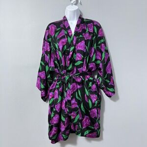 100% Silk Kimono Robe Women Black Purple Floral Satin Belted Pockets Lasoie